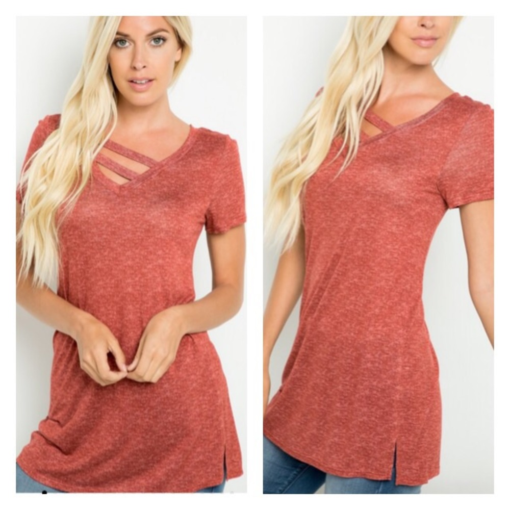 Brick Short Sleeve V Neck Top